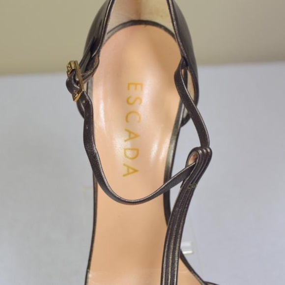 👠 Escada Pewter Metallic Mirrored Heel T-Strap Sandalsl  🇮🇹 - Picture 8 of 13